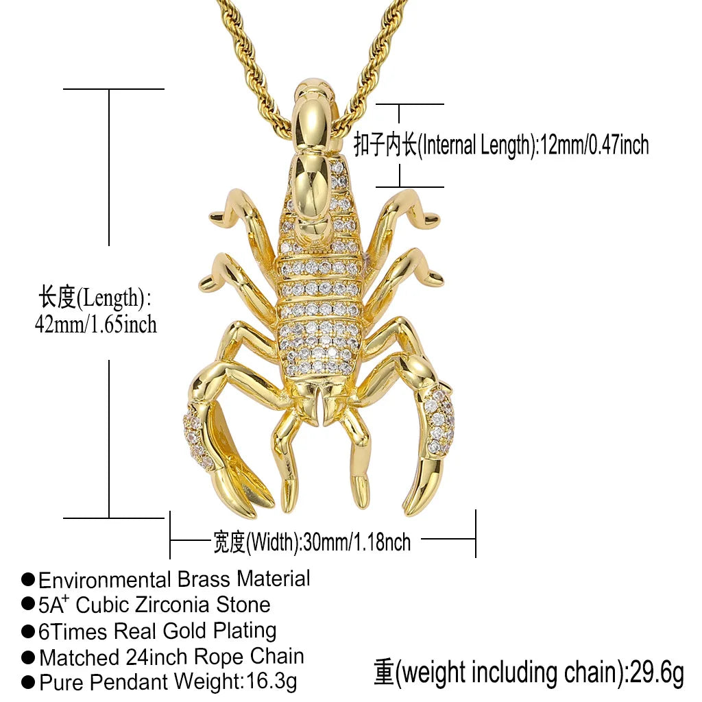 BES Trending Hip Hop Jewelry Minimalist  3D Scorpion Pendant Necklace 14K Gold Plated Iced Out Zircon Pendants for Men