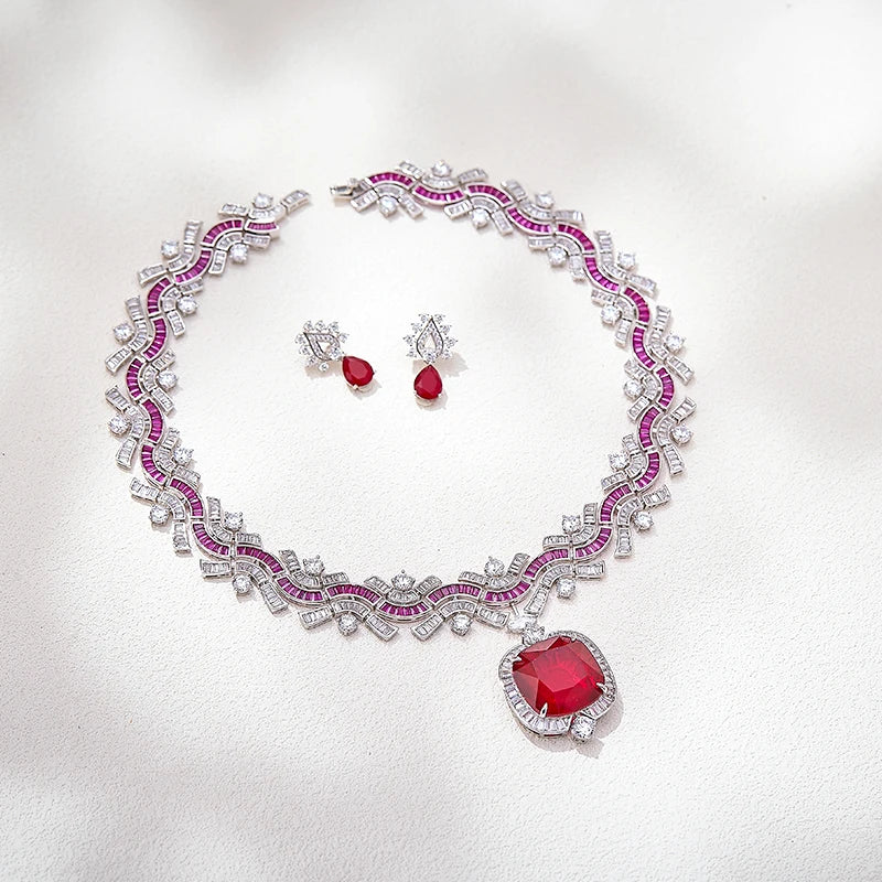 Winter Snowflake Collection Jewelry Retro Green Dove Blood Red Zircon Sapphire Necklace Earrings New Product PressConference Set