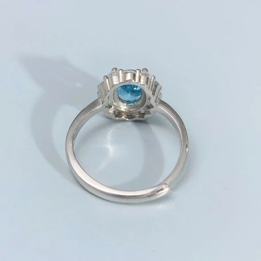 S&S Natural Swiss Blue Topaz Ring – 925 Sterling Silver – CZ Halo – Rhodium Plated – Collection