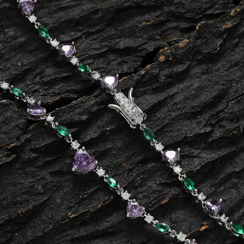 Luxury 16/18inches Purple Heart-Shaped Zircon Charm Tennis Necklace for Women Valentine Gift-Fashion Chains