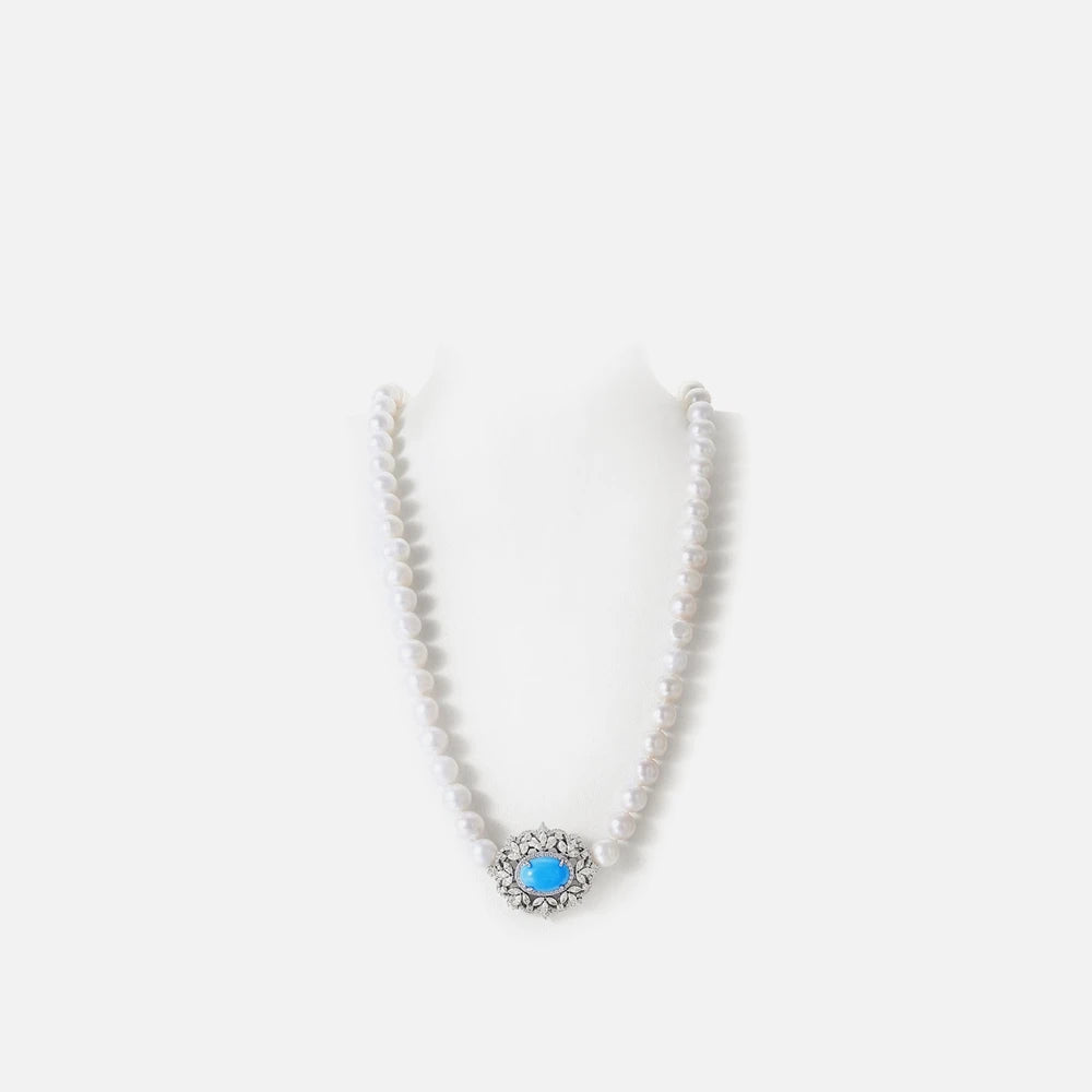 MUSHAN Jewelry Factory S925 Pearl Necklace Women High End Electroplated Gold High Carbon Diamond Blue Turquoise 8mm Accessory