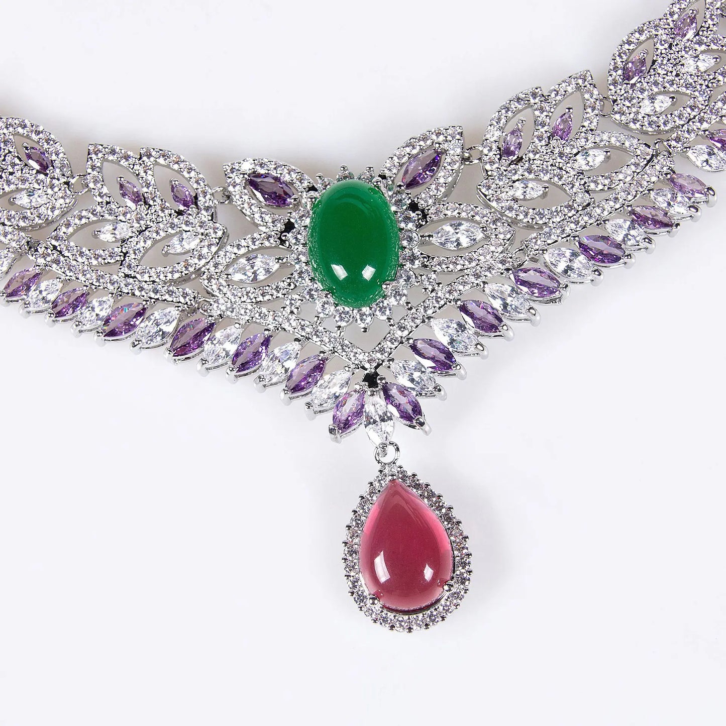 Luxury Oval-Cut Zirconia Nigerian & African Geometric Necklace & Earrings Bridal Set — Rhodium Plated
