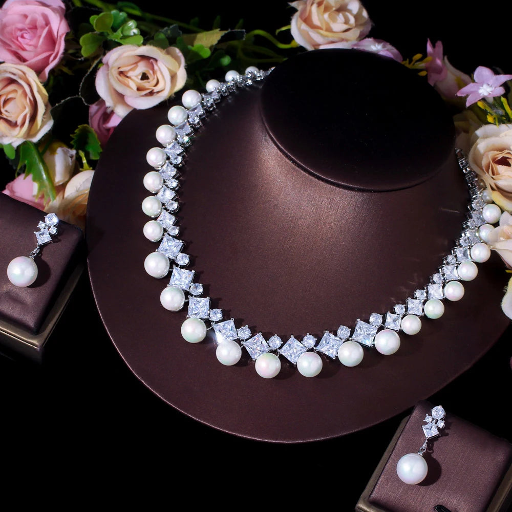 High Quality Cubic Zircon Statement Necklace and Earrings Bridal Imitation Big Pearl Jewelry Set for Women Wedding Accessories