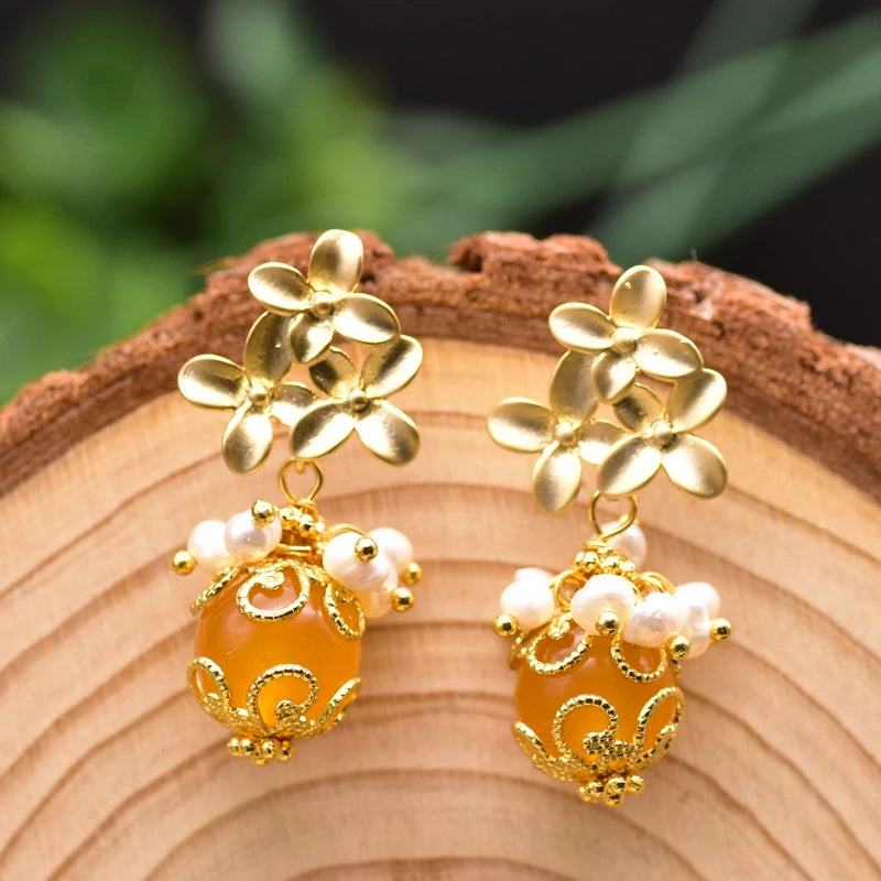 Natural Fresh Water Pearl Petals Shape Jade Drop  Earrings for Women New Fashion Vintage Wedding Yiwu Earrings Bulk Jewelry  "