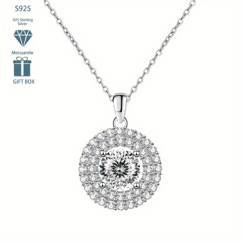 Dainty Double Halo Set Round Cut 1ct VVS GRA Colored Moissanite Jewelry Trendy 925 Sterling Silver Disc Pendant Necklace