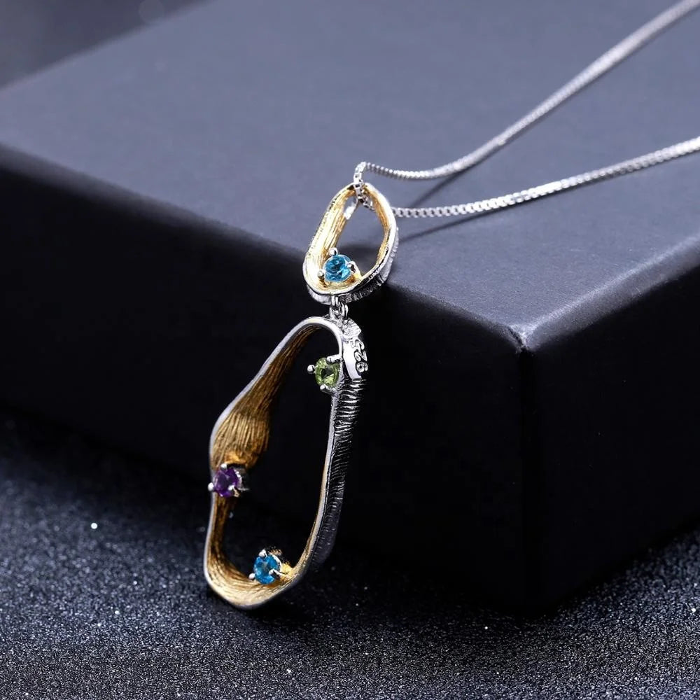ArtistA Abiding Geometric Custom 925 Sterling Silver Blue Topaz Amethyst Peridot Gemstone Gold Plated Pendant Necklace