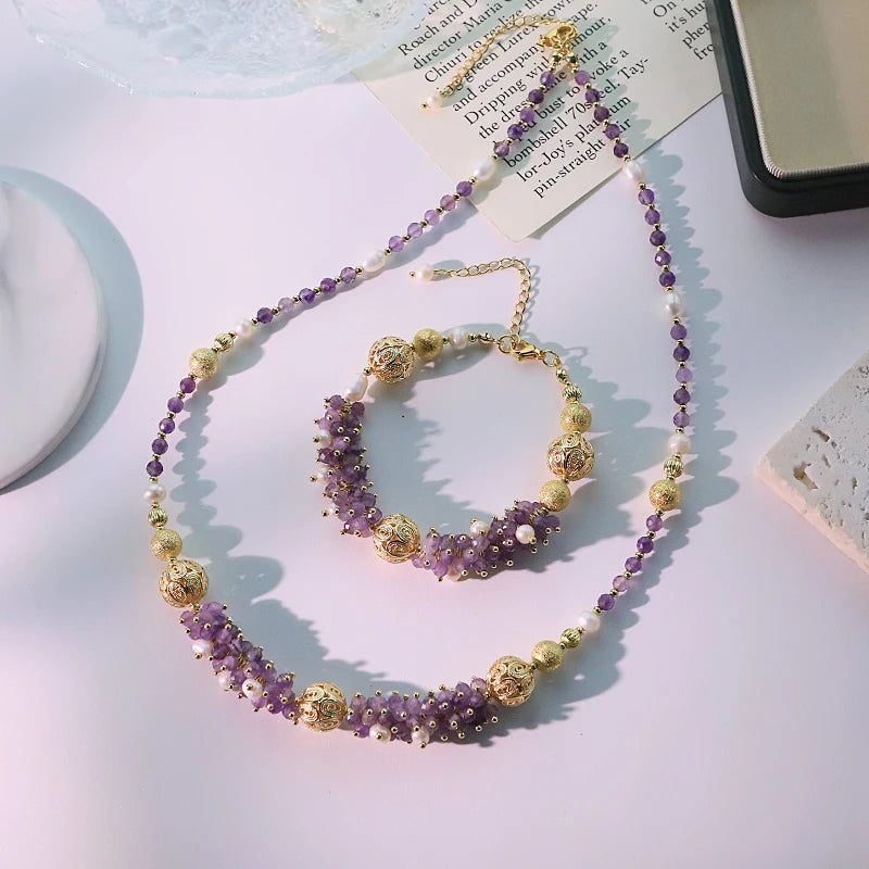 Natural Freshwater Pearl Amethyst Copper Beads Set Luxury Design Wedding Banquet Women Jewelry GS0212