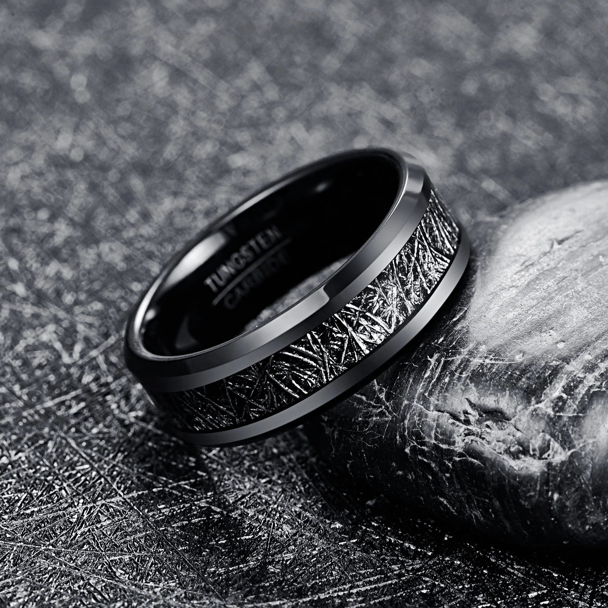 REBEL 8mm Width Chamfer Black Plated Inlaid Imitation Meteorite Men's Tungsten Ring Jewelry