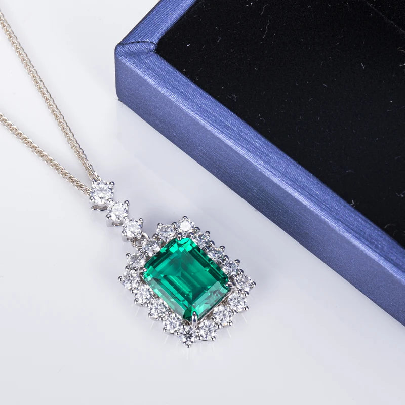 Messi Jewelry MSN-528 18k White Gold Emerald Cut Lab Grown Emerald Pendant Necklace