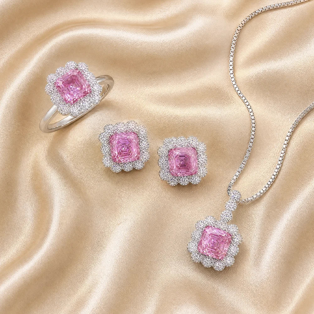 ArtistA Sakura Pink Moissanite Jewelry Set 925 Sterling Silver Ring Pendant Earrings Bridal Wedding Gift for Women