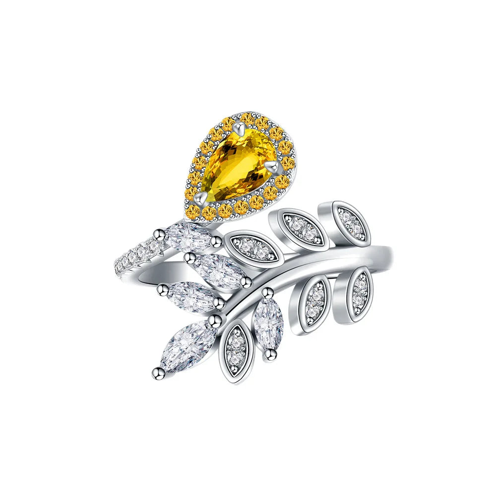 SILVERELLI Leaf Droplet Diamond Zircon Ring | 925 Sterling Silver | Platinum Plated