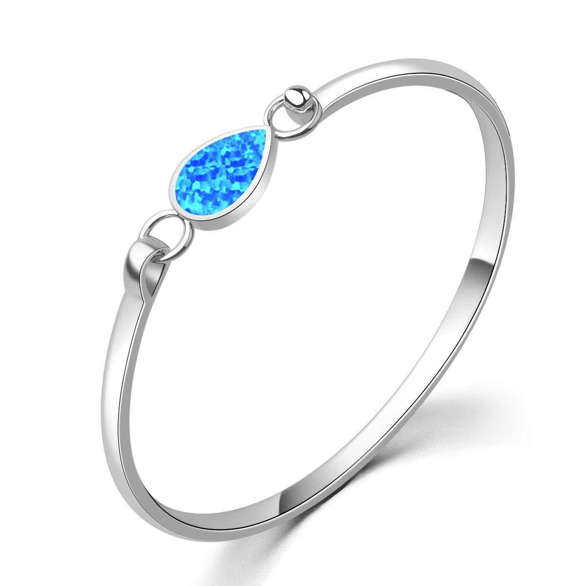 Dainty Teardrop Blue Opal Bangle - Minimalist Silver Bracelet for Daily Elegance