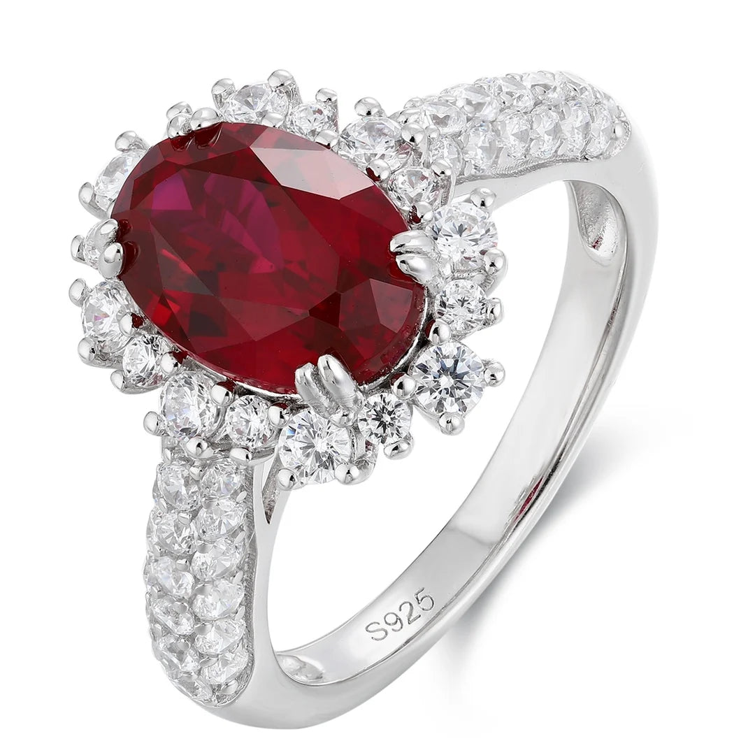 Gemfiori Vintage Engagement Ring 925 Sterling Silver Rings Lab Grown Gemstone Ruby Rhodium Plated Prong Setting for Women's Wedding