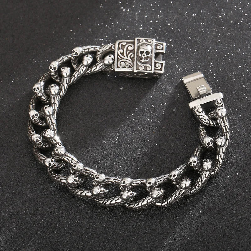 REBEL 220mm Men Punk Stainless Steel Skull Charms Cuban Links Bracelet