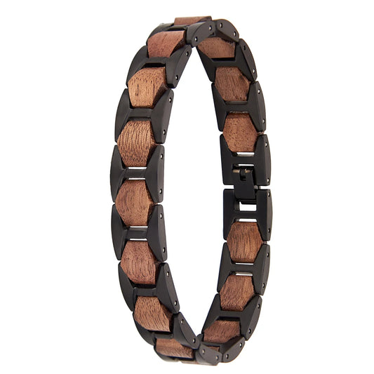 REBEL Handmade Custom Logo REBEL Unisex Skeleton Shape Walnut Wood Black Gun Plated Casual/Sporty Wrist Band Bangle
