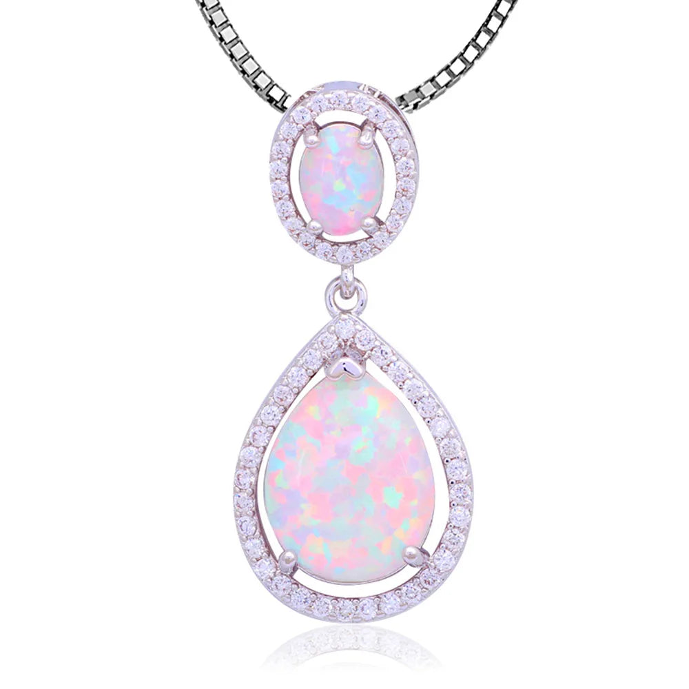 Silver Plated Lab Created White Opal Teardrop Necklace Design Sweater Chain Ocean Pendant Trendy Gift