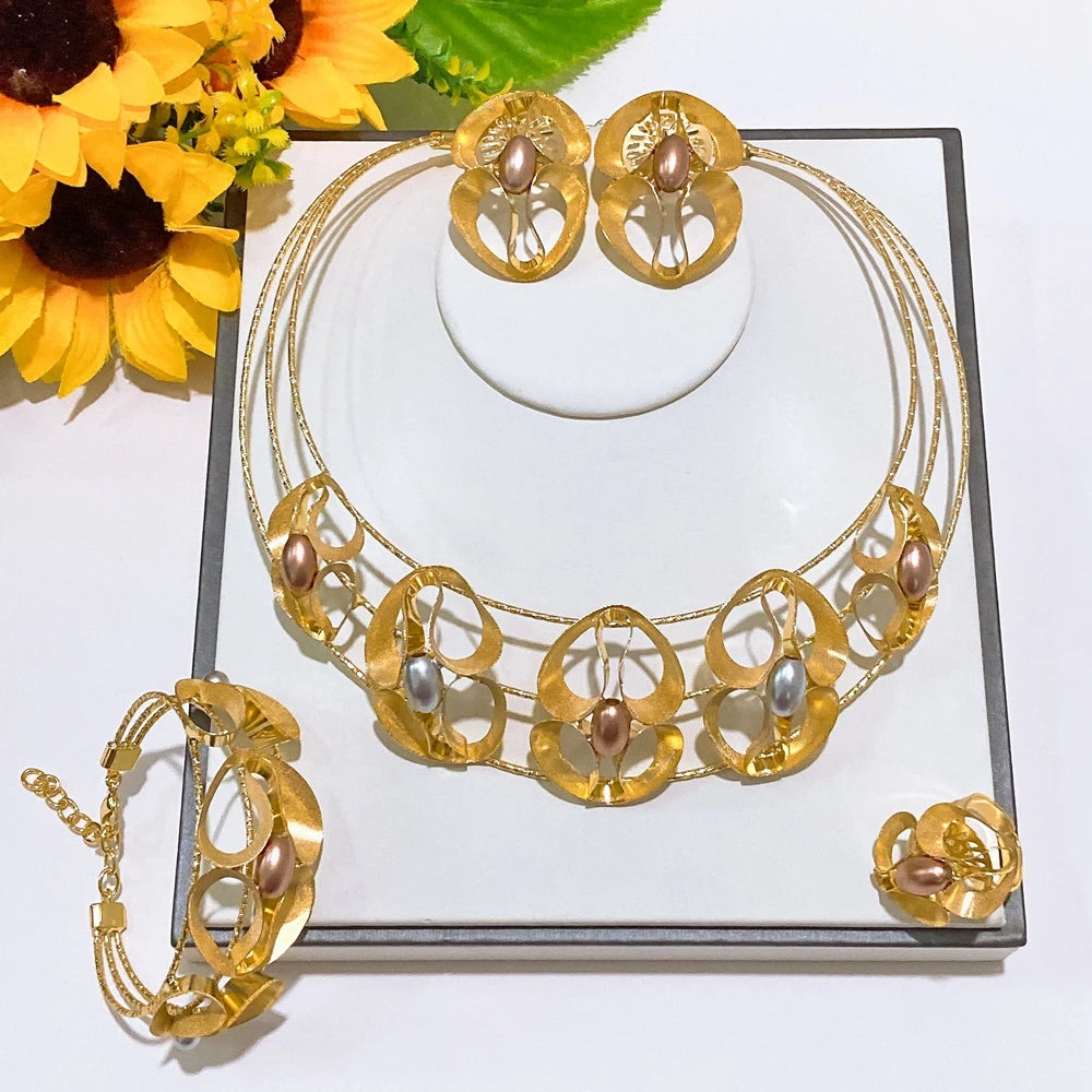 Zhuerrui Alloy Handmade Golden Jewelry Set with Openwork Metal and Multi Tone Pearls Includes Necklace Bangle Earrings and Ring