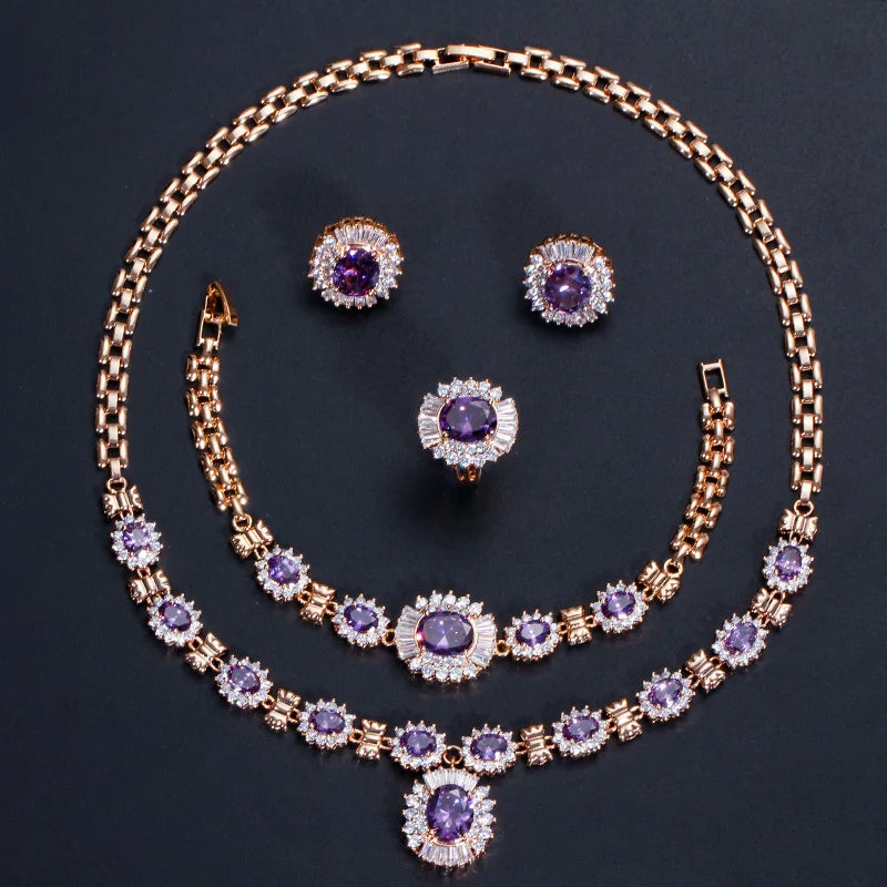 4 Piece Luxury Nigerian Yellow Gold Designs Indian Wedding Red Cubic Zirconia Bridal Jewelry Sets for Women Party Accessories
