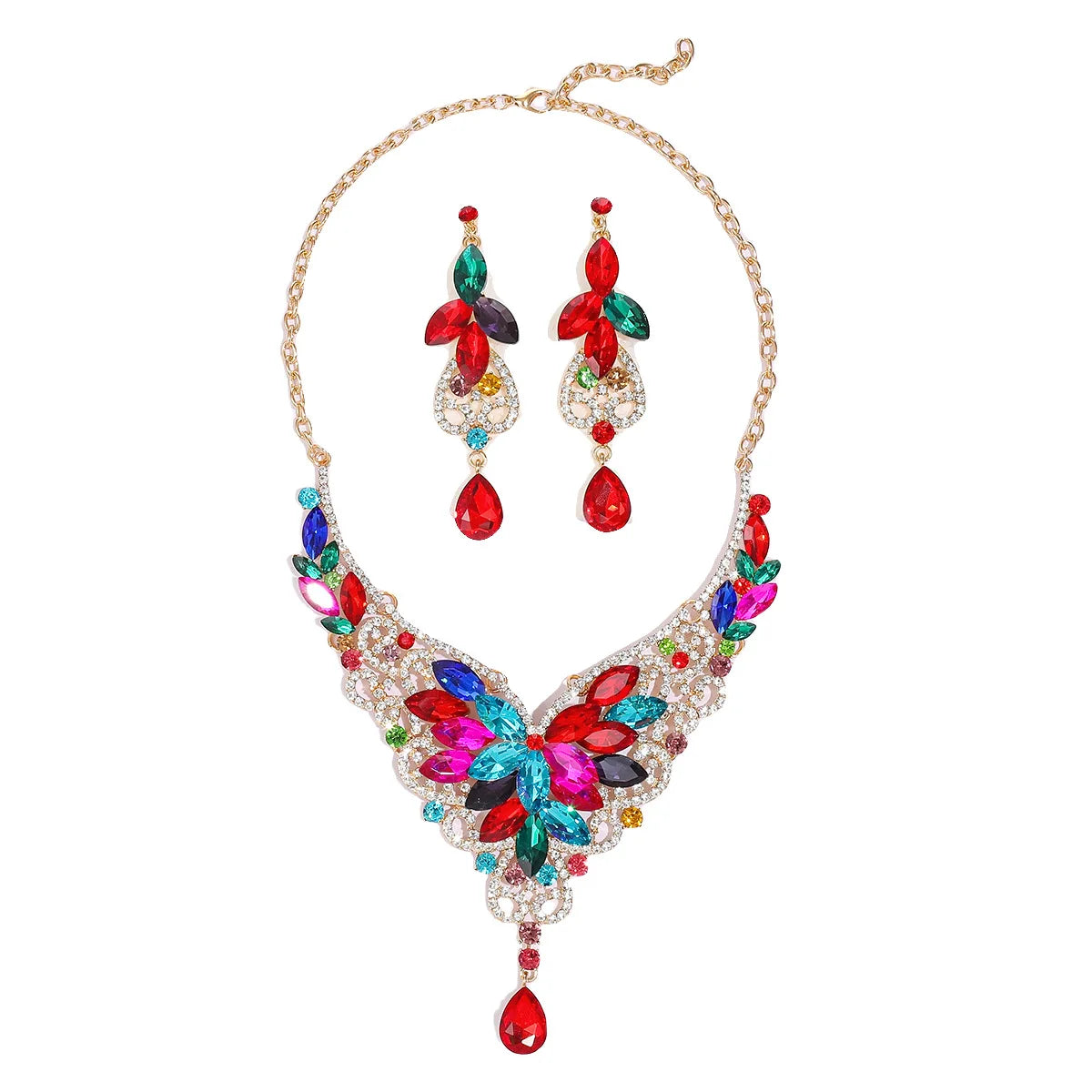 Crystal Stacked Butterfly Necklace & Earrings Jewellery Set | 10 Colours Geometric Glam Fashion Set