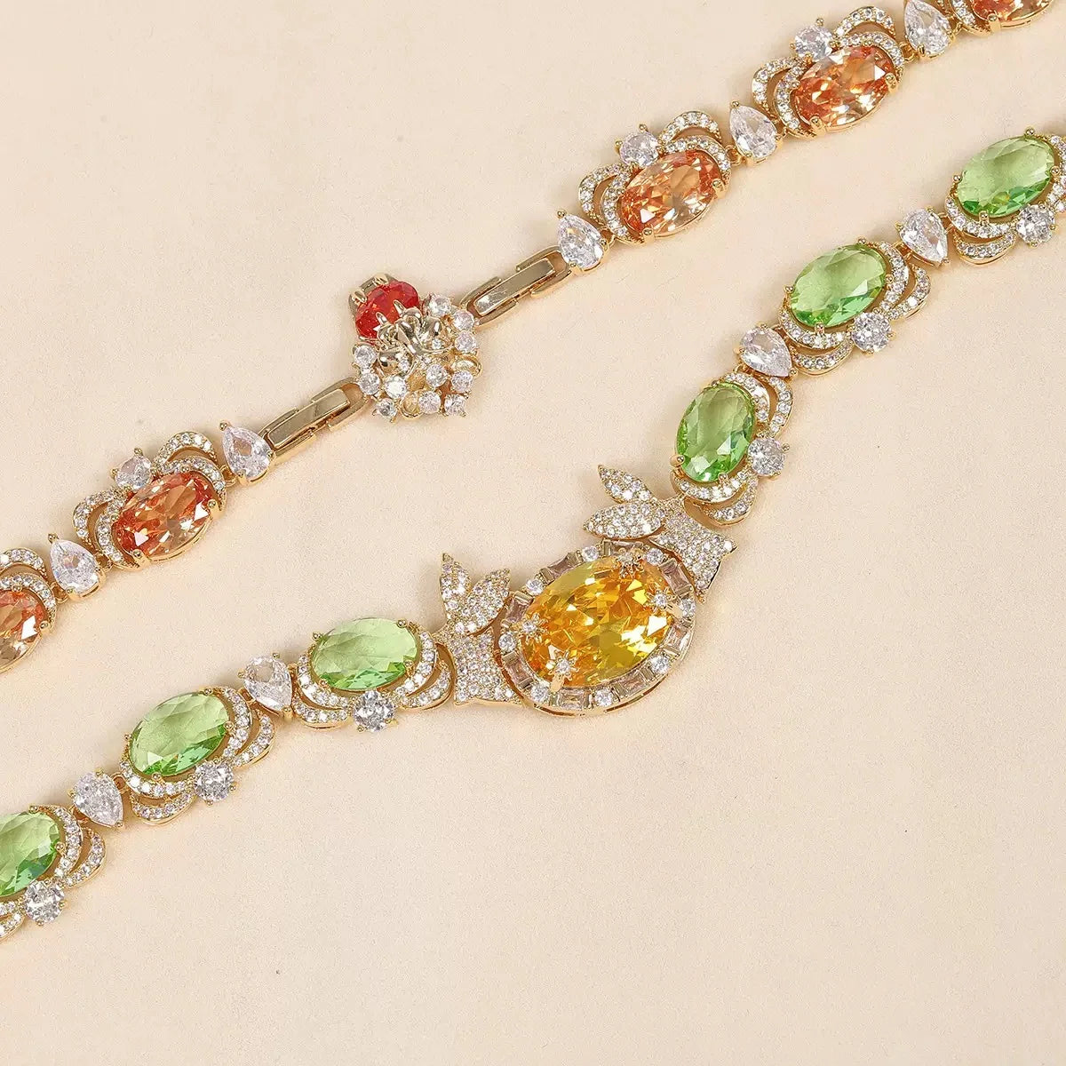 Bella Viva Multi Color Oval Cubic Zirconia Necklace and Earring Sets, 18K Gold Plated Brass, Luxury Wedding Bridal Jewelry