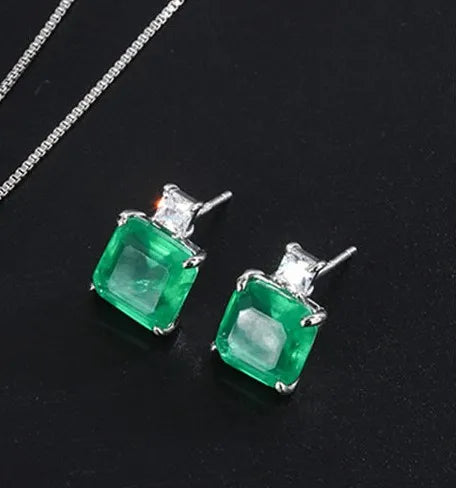 Fashion Eco-friendly Copper Minimalist Square Green Zircon Pendant Earrings Set Elegant Brass Jewelry Sets for Refined Everyday