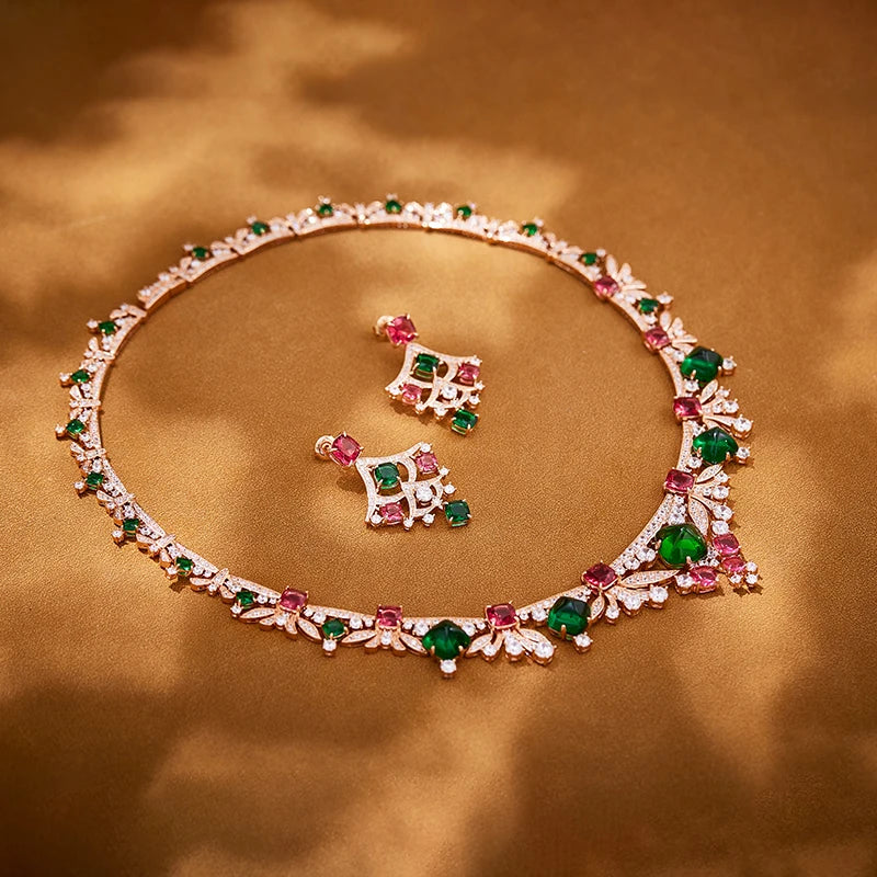 2025 New Style Colored Gemstone Necklace Earrings Sexy Women's Jewelry Set Brass Skin Friendly Non Oxidizing Wedding Accessories