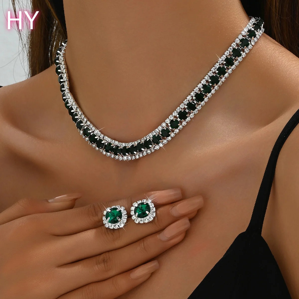HY Necklace and Earrings Set Green Gemstone Evening Dress Women's Earrings and Necklace Jewelry Set