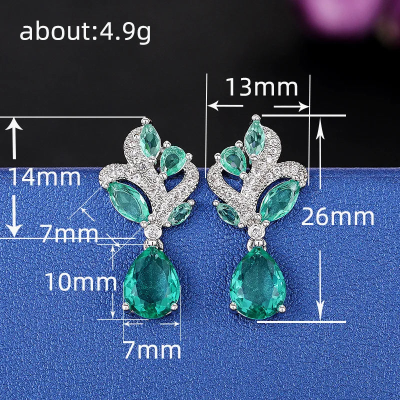 Chic Korean Style Bright Blue Waterdrop CZ Cubic Zircon Crystal Leaf Pendant Necklace Earrings Ladies Jewelry Set Gift Silver