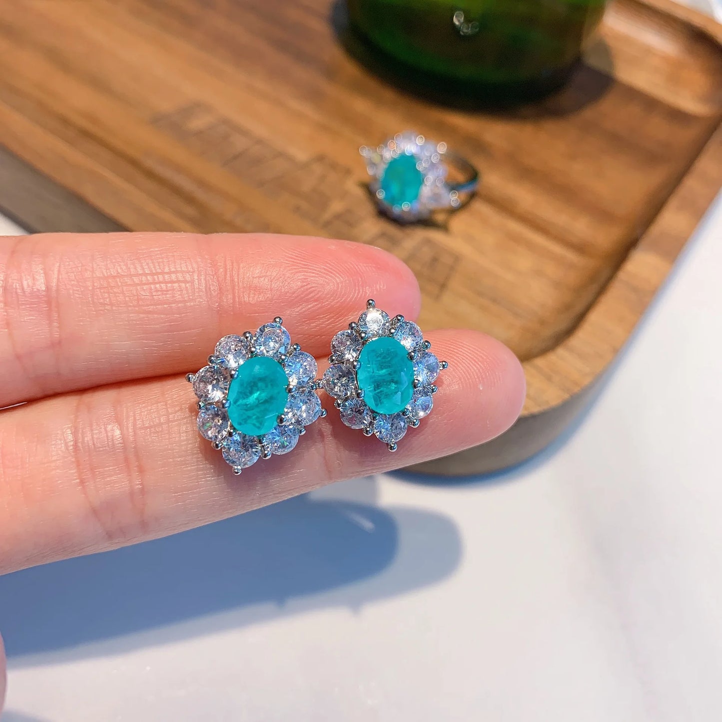 Factory Wholesale Eco-friendly Copper 8*10mm Green Zircon Brass Pendant Earrings Set Minimalist Jewelry Set Women