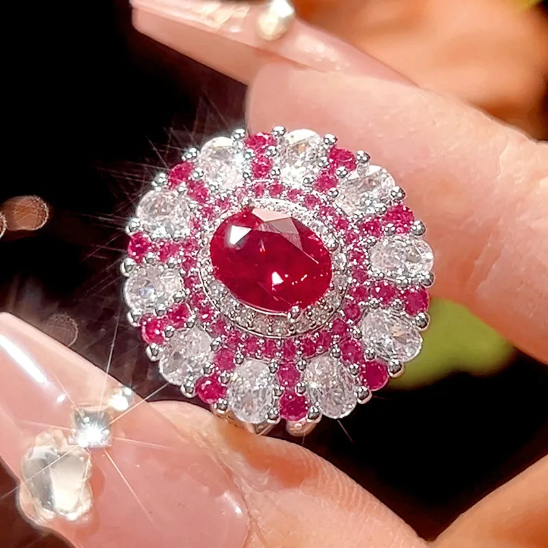 REDheart Women's Fashion Pearl Plated Rhodium/18K Gold Activity Ring Simulation Red Corundum Blue Spinel Egg Texture Pendant Set