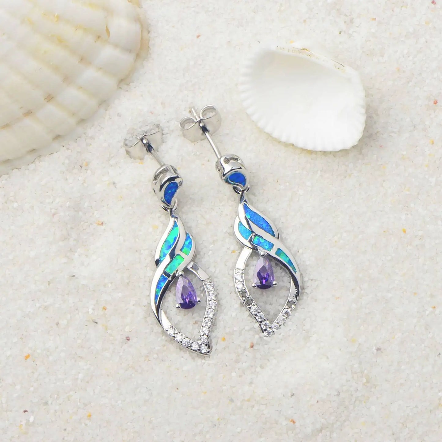 Twisted Opal & Amethyst Drop Earrings - Blue Fire Opal & Purple Crystal Inlaid Design | Glam Evening Jewelry Bulk Gifts