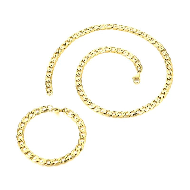 REBEL Casual 7.5/6mm Width Gold-Plated Stainless Steel Cuban Links 500mm Necklace&200mm Bracelet Jewelry Set