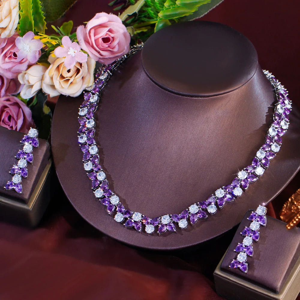 High Quality African Sliver Plated Cubic Zirconia Necklace Earrings Bridal Luxury Purple Jewelry Set for Women Wedding Party
