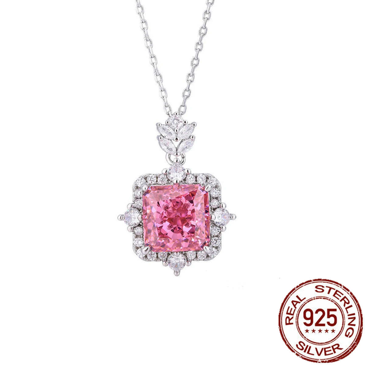 S&S 925 Sterling Silver Pink Square CZ Charm Pendant Necklace – 8A Zirconia – Rhodium Plated – Collection