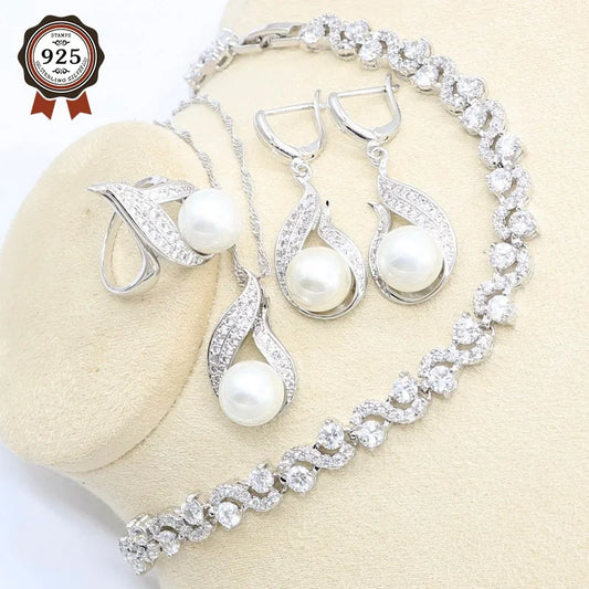 White Pearl Romantic Alloy Silver Platinum Plated Jewelry Set for Women Wedding & Party Necklace Earring Bracelet Ring
