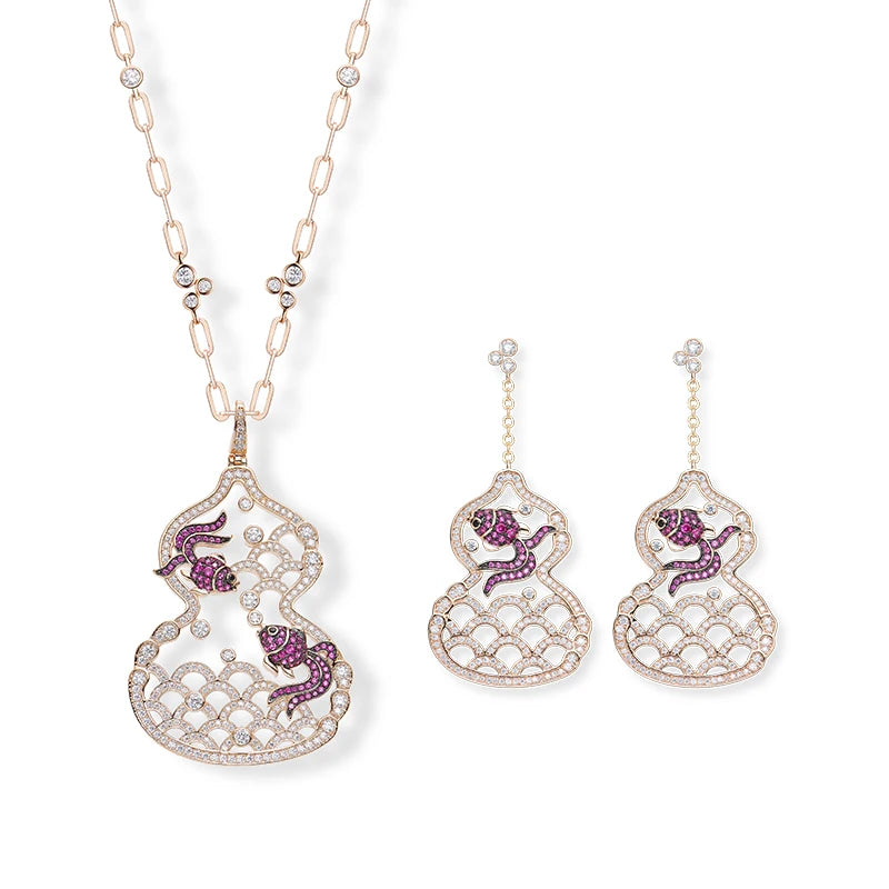 Brass Hollow Small Goldfish Gourd Long Necklace Earrings Two-piece Set Cubic Zirconia Women's Anniversary Gift