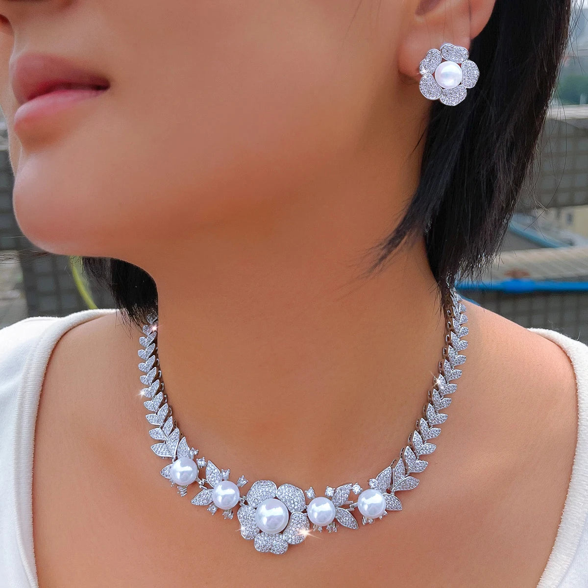 Super Luxury Wedding Bridal Necklace and Earrings Micro Pave Cubic Zircon Big Imitation Pearl Jewelry Set for Women Jewelry Gift