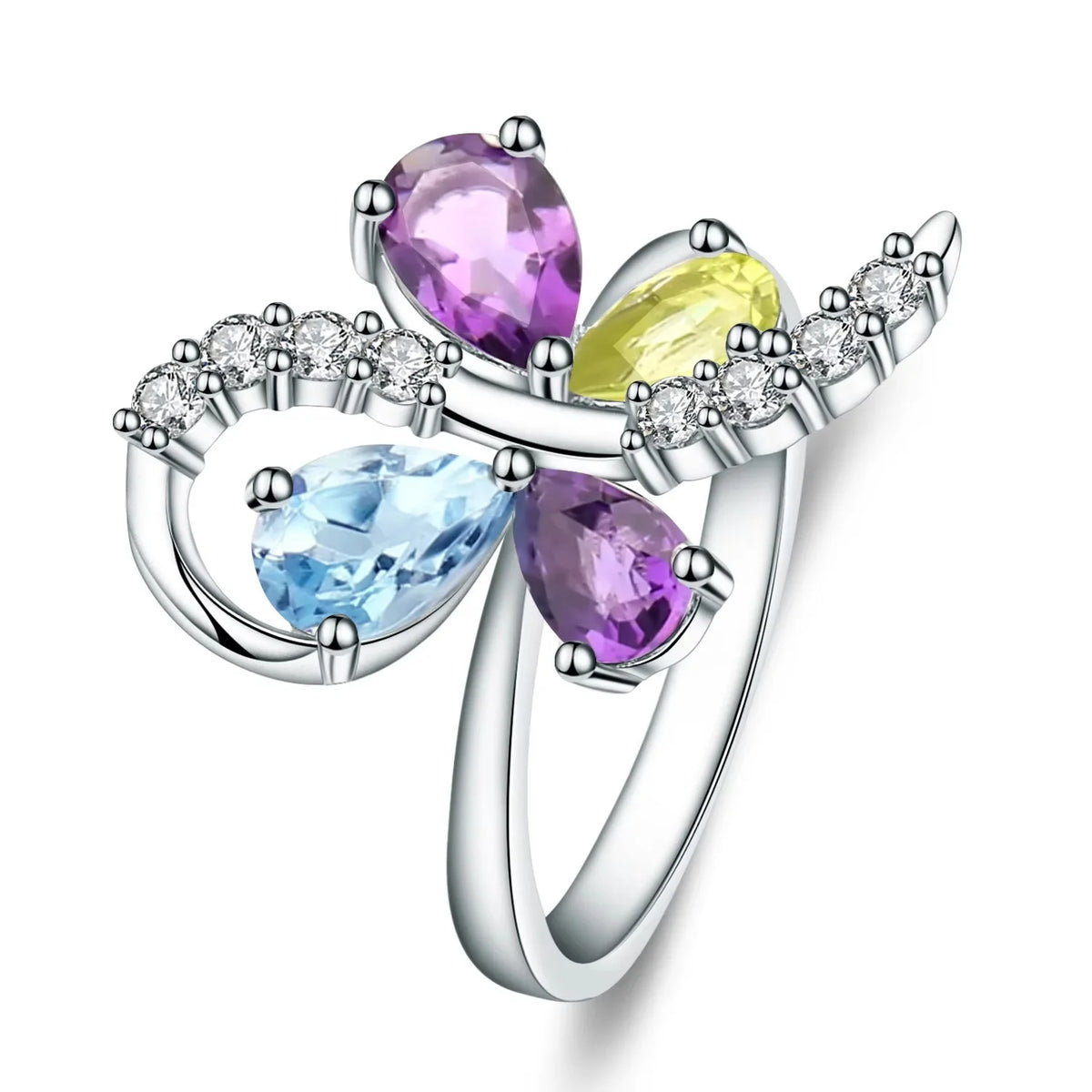 ArtistA F0333 Abiding Natural Stone Sky Blue Topaz Amethyst Peridot Mix Gemstone 925 Silver Cluster Butterfly Wedding Jewelry Set