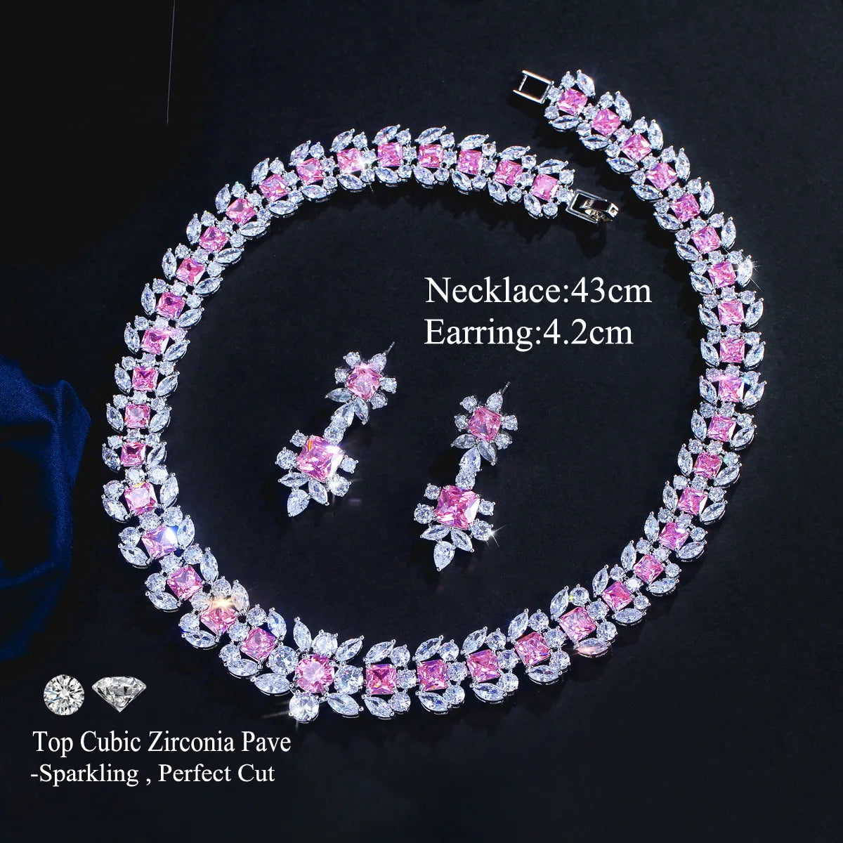 Rhodium Plated Geometric CZ Jewelry Set Pink Square Cubic Zircon Leaf Tennis Necklace Earrings Jewelry Set for Women Party Gift
