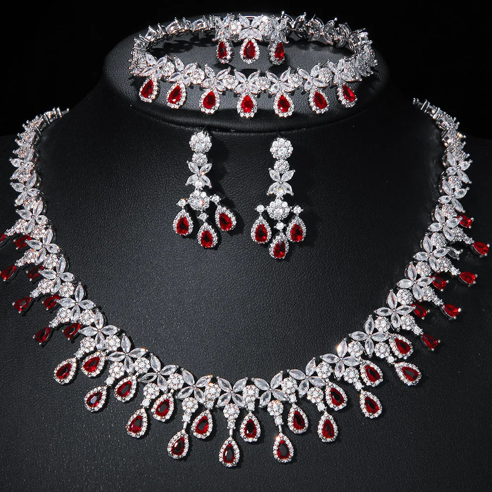 Luxury Pear-Cut Zirconia Teardrop Floral 4-Piece Necklace, Earrings, Ring & Bracelet Bridal Set — Rhodium Plated