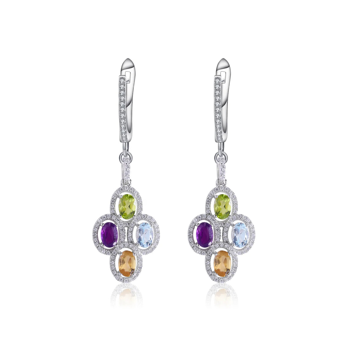 ArtistA Abding 925 Sterling Silver Natural Mix Gemstones Thailand Necklace Earrings Ring Clover-inspired Jewellery Set for Evening Party