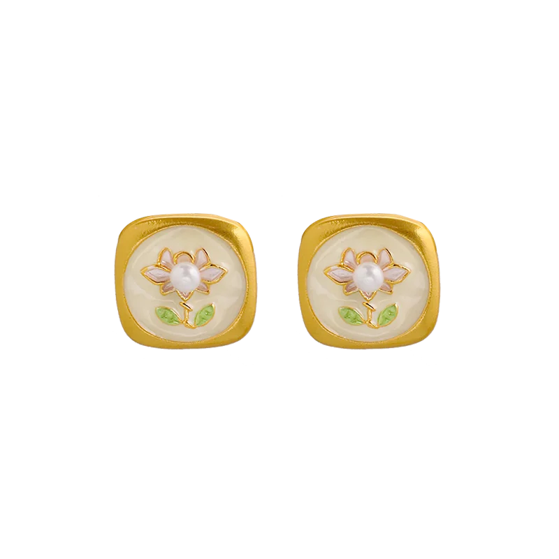 Natural Pearl Green Relief Flower Square Earrings Korean Style Women Luxury Jewelry Fashion Ladies and Girls Gift GE1582