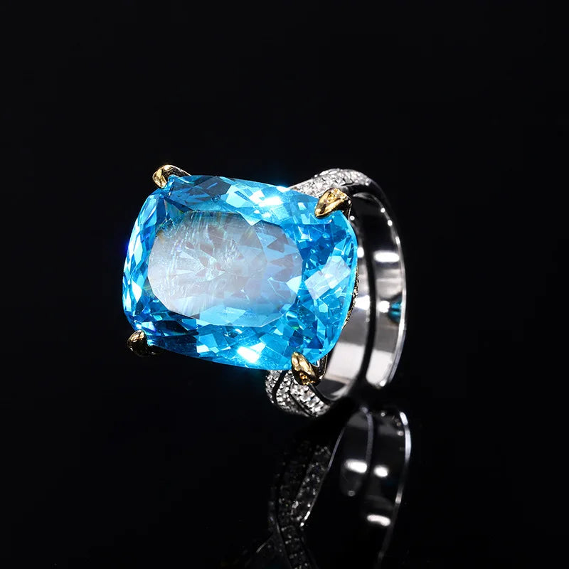 Gemfiori Retro Trendy Sea Blue Zircon Pendant Necklace Ring Design Jewelry Set for Women's Wedding/Anniversary