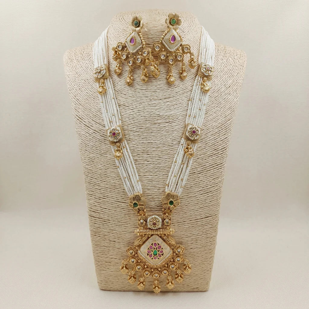 Premium Antique Finish Pearl Beaded Necklace Set with Floral Pendant Designer Earrings Traditional Bridal Jewelry Set