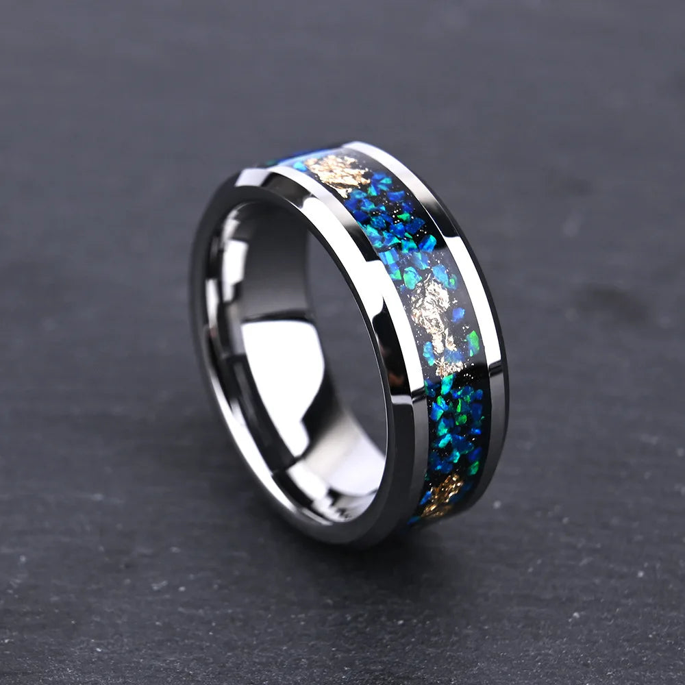8 Wide Plane Chamfered Tungsten Steel Inlaid Opal Blue Opperga Gold Foil Unisex Wedding Ring Light Luxury