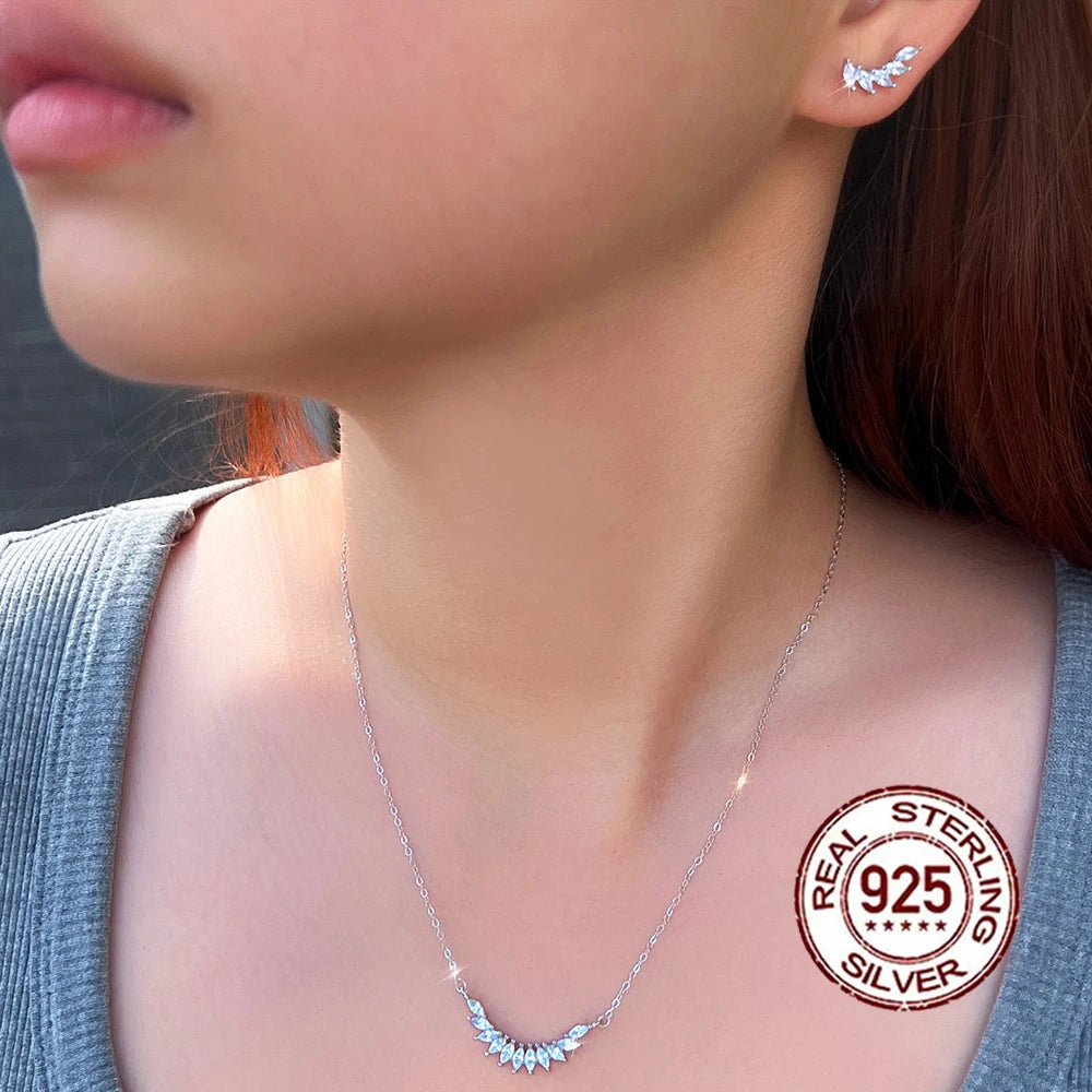 Italian Silver 925 Jewelry Sets Gorgeous Marquise Cut Cubic Zirconia Wing Earrings and Necklace Set for Ladies Women Engagement