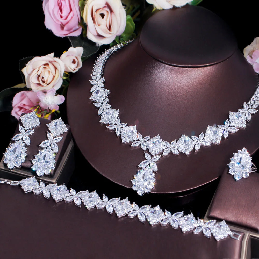 4 Pcs Flower Drop Emerald Green Big Cubic Zircon Dubai Women Party Costume Jewelry Sets for Brides Wedding Luxury