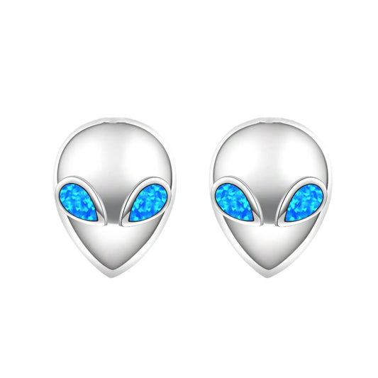 Whimsical Alien Opal Stud Earrings - Blue Fire Opal Eye Detail Design | Playful Daily Jewelry Bulk Gifts