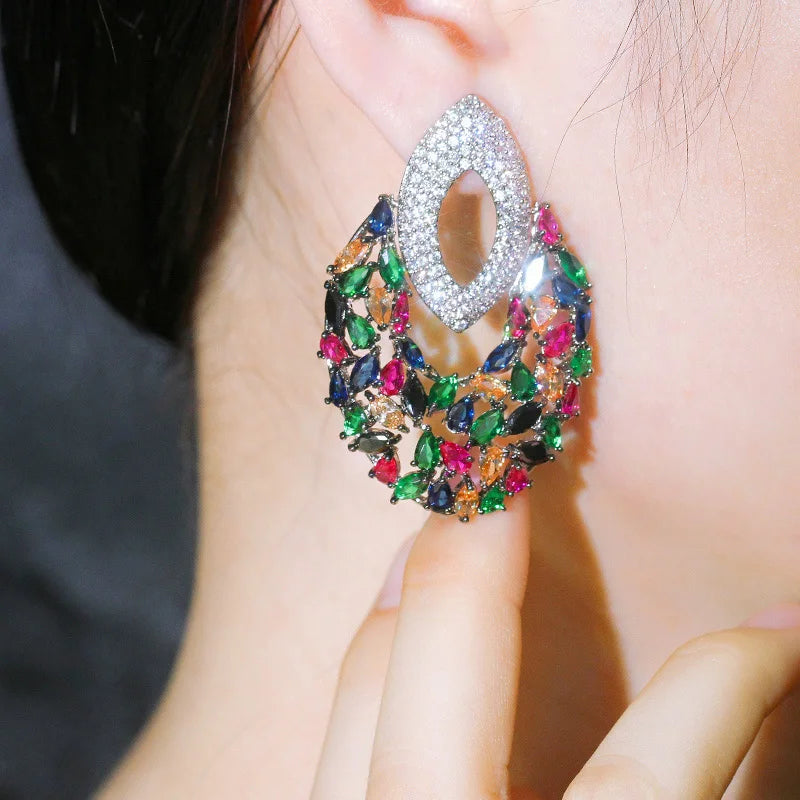 Unique Fancy Multi Color Cubic Zirconia Long Drop Big Luxury Party Earrings for Women Fashion Designer Bridal Wedding Jewelry
