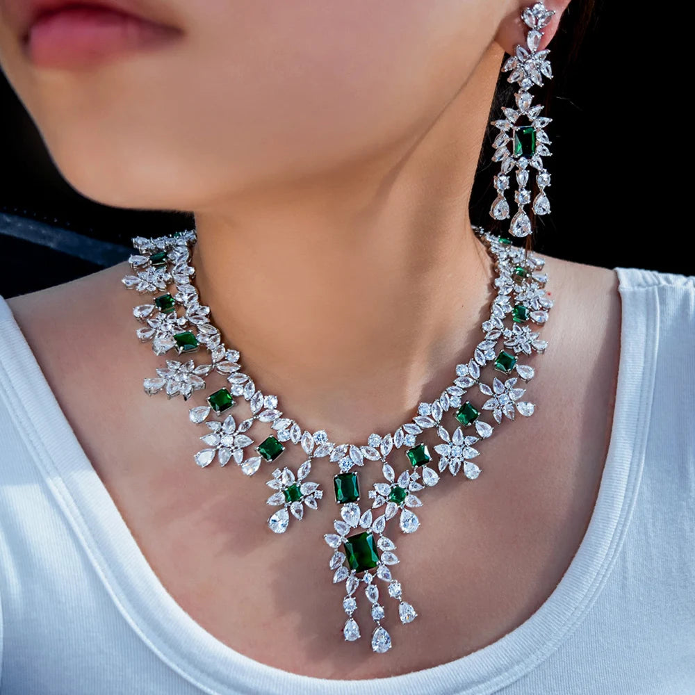 Luxury Dangle Tassel Drop Cubic Zirconia Green Wedding Decor Party Big Necklace Bridal Jewelry Sets for Women